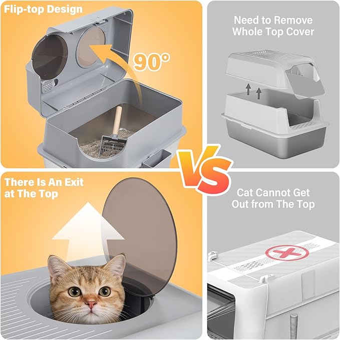 Stainless Steel Litter Box with Lid,XL Large Enclosed Cat Litter Box for Big Cats,Front & Top Entry Metal Litterbox, Odor Control,Anti-Leakage, Non-Sticky, Includes Mat&Scoop,23.8 x 15.8 x 15.8 inches