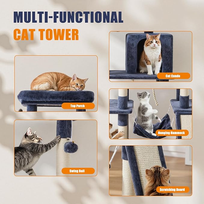 Large Cat Tree 63 Inch, Multi-Level Tall Cat Tree Tower with Condo, Perch, Sisal Scratching Posts Board and Hammock, Pet Play House with Dangling Balls for Indoor Cats, Dark Grey