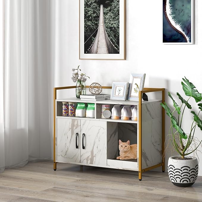 Giantex Cat Litter Box Enclosure - Cat Washroom Hidden Furniture with Front Entry, Scratcher, 2-Door Storage Cabinet, 2 Compartments, Air Vents, Metal Frame, Wooden Pet Crate House (Marble White)
