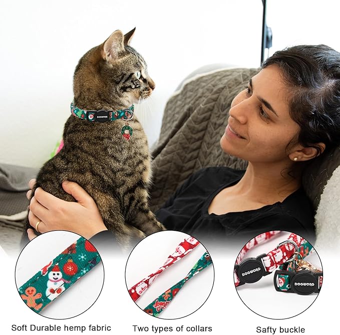 Cat Collar,2 Pack Cat Collars Breakaway with Bell, DOGWONG Safety Buckle Red Christmas Santa Cat Collar for Girl Boy Cats and Small Dogs，Adjustable 7-12 Inch,Pet Supplies Accessories