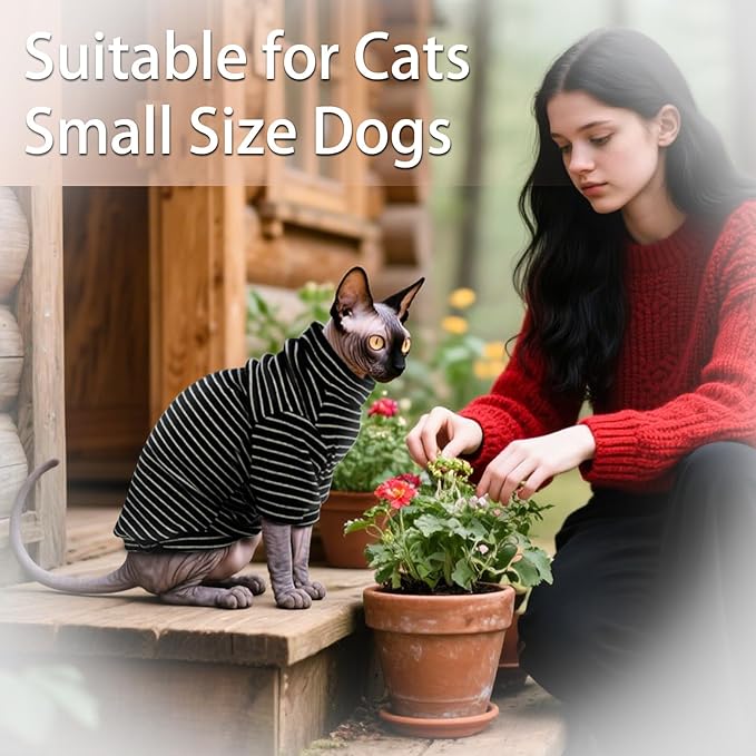Fleece Sphynx Cat Clothes Soft Hairless Cat Clothes Pullover Cat Sweater for Chihuahua All Season Light and Warm Kitten Cloth for Cats Only Puppy Clothes Small Dog Sweater (B-Striped, L)