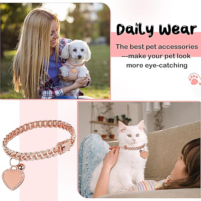 Hillban Dog Chain Gold-Plated Diamond Collar with Heart Rhinestones Jewelry Pet ID Tag Chain Bling Puppy Collar with Personalized Name Tag for Small Medium Large Dog Cat(Rose Gold,10 Inch)