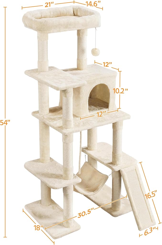 Yaheetech 54in Sturdy Cat Tree for Large Cats, Multi-Level Kitten Condo with Scratching Posts, Hammock & Top Perch, Indoor Pet Furniture for Kitties to Play, Climb, Scratch & Sleep, Beige