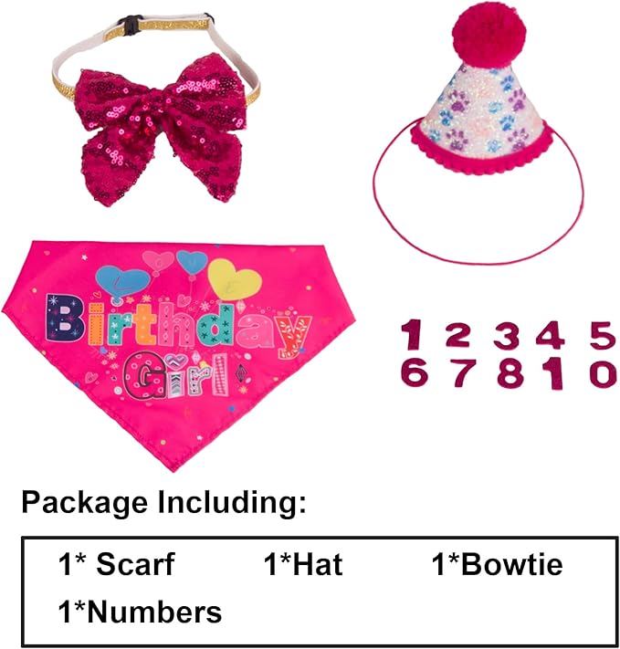 PTDECOR Dog Birthday Party Supplies, Girl Dog Birthday Hat with Numbers Pet Puppy Bandanas Hat Bow Set for Small Medium Large Dogs Pets (Pink)