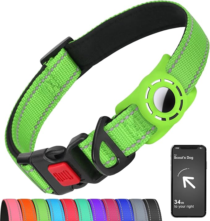 Airtag Dog Collar with AirTag Holder for Medium Dogs, Reflective, Soft Padded & Safety Locking Buckle, Nylon Pet Collars Adjustable for All Breeds, Green,M