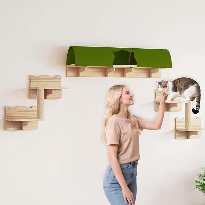 7-in-1 Cat Wall Shelves and Perches, Floating Cat Shelves Set, Solid Wood Wall Cat Furniture(Set of 7), Cats Climbing Shelves with Bed, Steps, Scratching Post and Tunnel