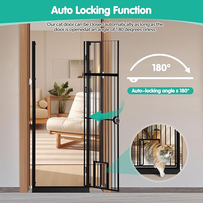71" Extra Tall Pet Gate with Cat Door, 30"-37.5" Adjustable Wide, No Drill Pressure Mounted Auto-Close Safety Pet Gate Walk Through Safety Cat Gate