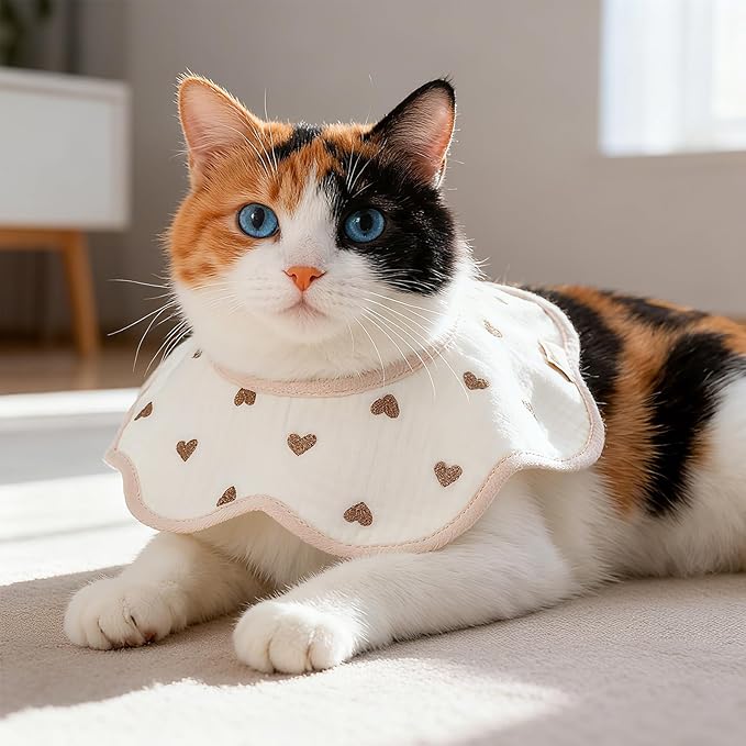 3Pcs Cat Collar Adjustable Kitten Collar Bandana with Cute Pattern 100% Cotton Pet Scarf Cute Breakaway No Bell Outfits Cat Collars for Girl Boy Cats and Small Pet (Beige)