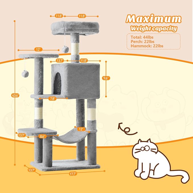 Sweetcrispy 44 Inch Cat Tree Tower, Cat Climbing Tower with Natural Sisal Scratching Posts, Hammock, Pet Condo for Indoor Cats and Kittens Play, Light Grey