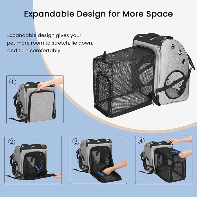 Expandable Pet Carrier Backpack for Cats, Dogs and Small Animals, Portable Pet Travel Carrier, Super Ventilated Design, Airline Approved, Ideal for Traveling/Hiking/Camping, Grey, XL