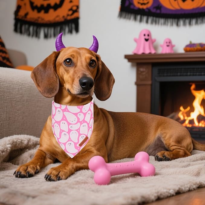 ADOGGYGO Pink Halloween Dog Bandanas 2 Pack, Reversible Ghost Pumpkin Scarf Bib, Adjustable Fit Pink Halloween Bandana for Small Dogs Girl (Small)