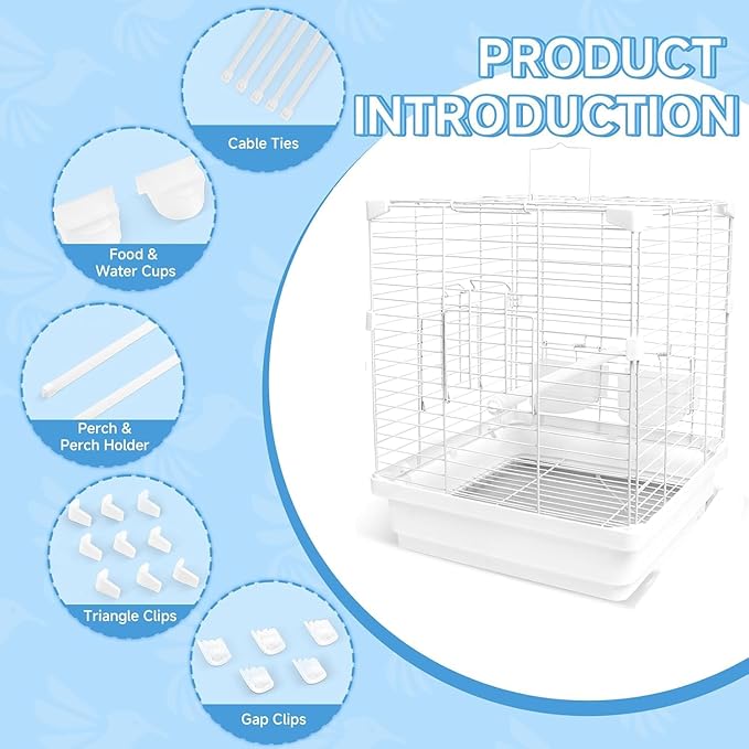 Small Bird Cage for Parakeets, Budgies & Canaries and More Small Birds - Lightweight Travel Birdcage & Bird Carrier with Handle, Stand, Removable Tray, Portable for Hanging, Outdoor Use, White