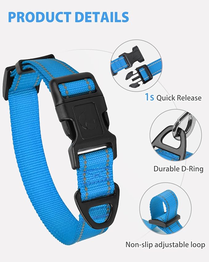 Joytale Large Dog Collar, Reflective and Adjustable Nylon Pet Collar with Quick-Release Buckle for Large Dogs, Sky Blue, L