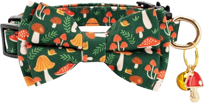 2 Pack Cotton Cat Collar with Bow Tie and Bell for Male Female Cats,Soft Fancy Breakaway Kitty Kitten Collar with Ghost& Pumpkin Patterned Design for Boy Girl Cats. (Pumpkin&Mushroom)