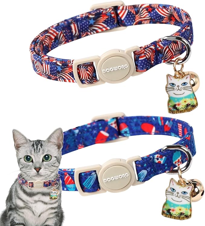 Cat Collar,2 Pack 4th og July Cat Collars Breakaway with Bell, DOGWONG Safety Buckle Cat Collar for Girl Boy Cats and Small Dogs，Adjustable 7-12 Inch,Pet Supplies Accessories
