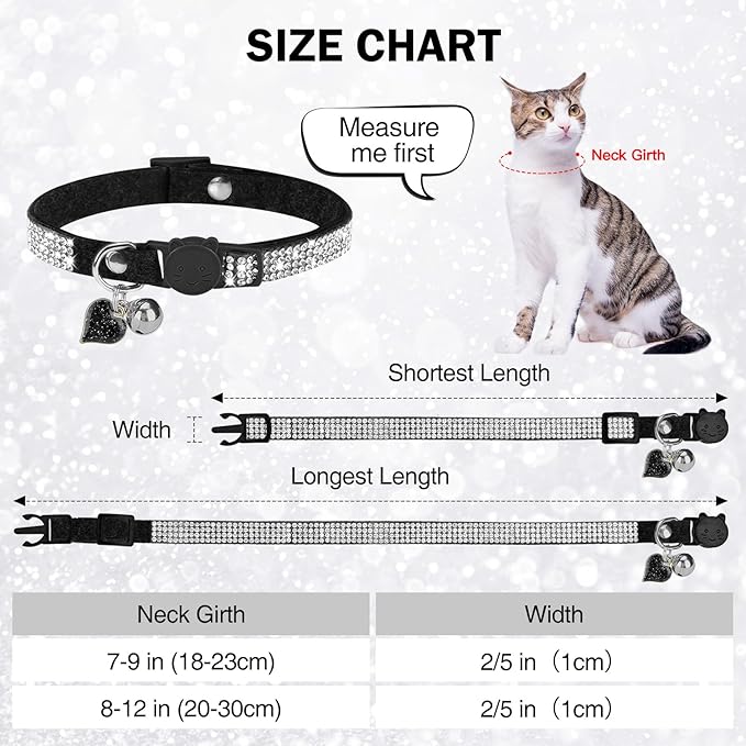Rhinestone Cat Collar Breakaway with Bell, Diamond Cat Collar with Safety Buckle Quick Release for Girl Boy Small Kitten Pets Puppy,Cute Soft Female Male Cat Collars, Color Black 7-9"