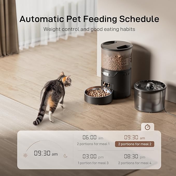 Automatic Cat Feeder and Water Fountain: 3L Timed Precise Cats Food Dispenser& Reliable Programming 1-6 Meals/Day- 3L Cat Water Dispenser with Filter- Auto Pet Feeder Easy to Clean