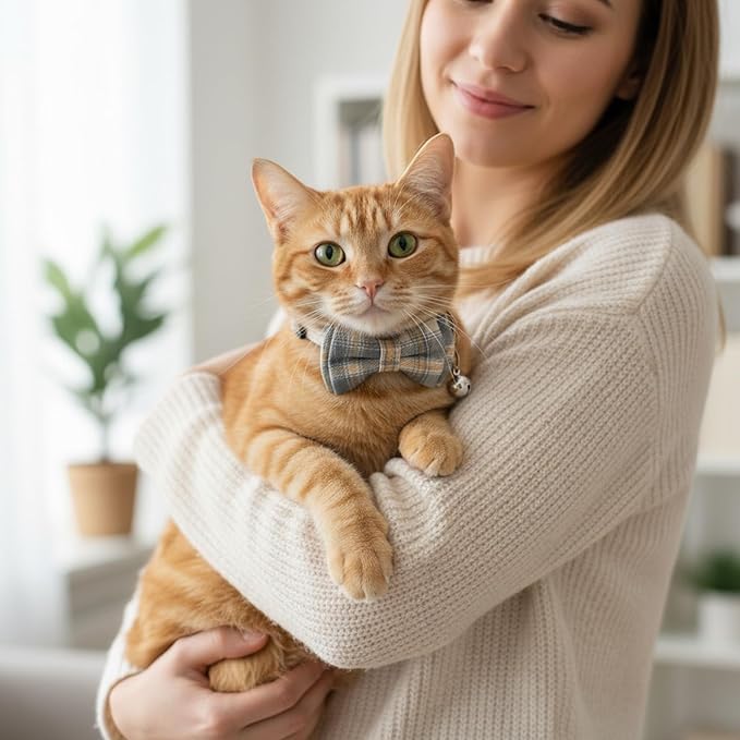 3pcs Bow Tie Cat Collar with Bells, Breakaway Bowtie Plaid Cat Collar, Soft Adjustable Bow Cats Collars for Kitten Puppy and Small Pets