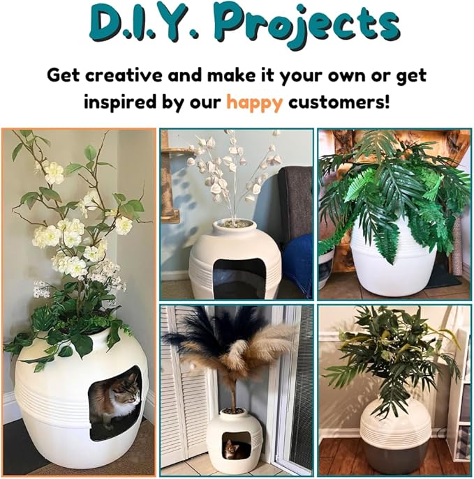 Good Pet Stuff Hidden Litter Box Planter, Decorative Cat Litter Enclosure with Carbon Filter, Artificial Plant, Easy Clean, Improved Design, Round Style, Base Kit, Classic White