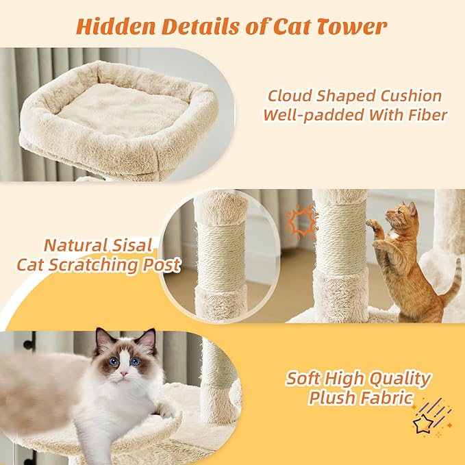 DUMOS Small 44 Inch Cat Tree Tower, Cat Climbing Tower with Natural Sisal Scratching Posts, Hammock, Pet Condo for Indoor Cats and Kittens Play, Beige
