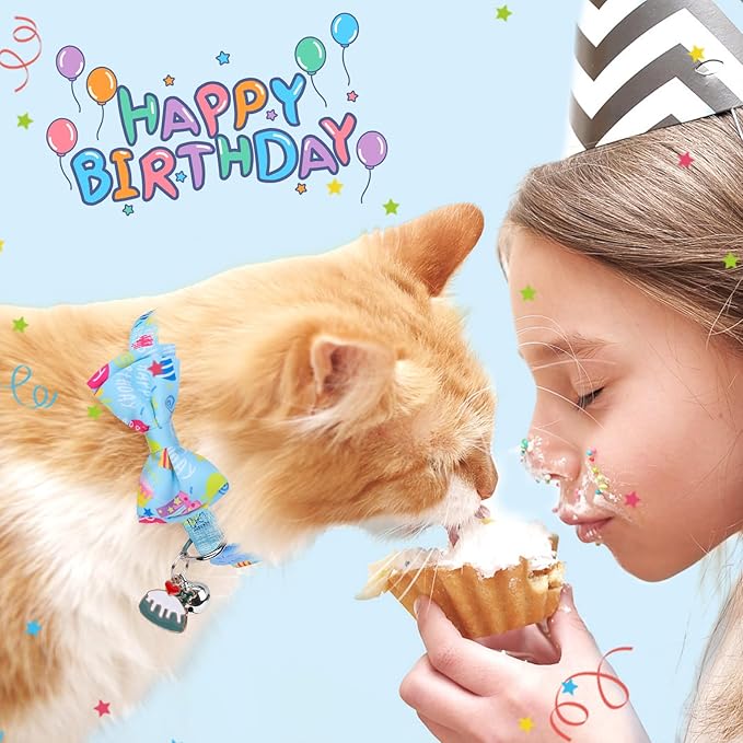 SCENEREAL Cat Bandana Collars for Birthday - 2 Pack Breakaway Kitten Collars with Bell Bowtie, Accessories for Pet Collars, Adjustable Cute Cat Collars for Cats and Small Dogs Boys Girls, (Blue)