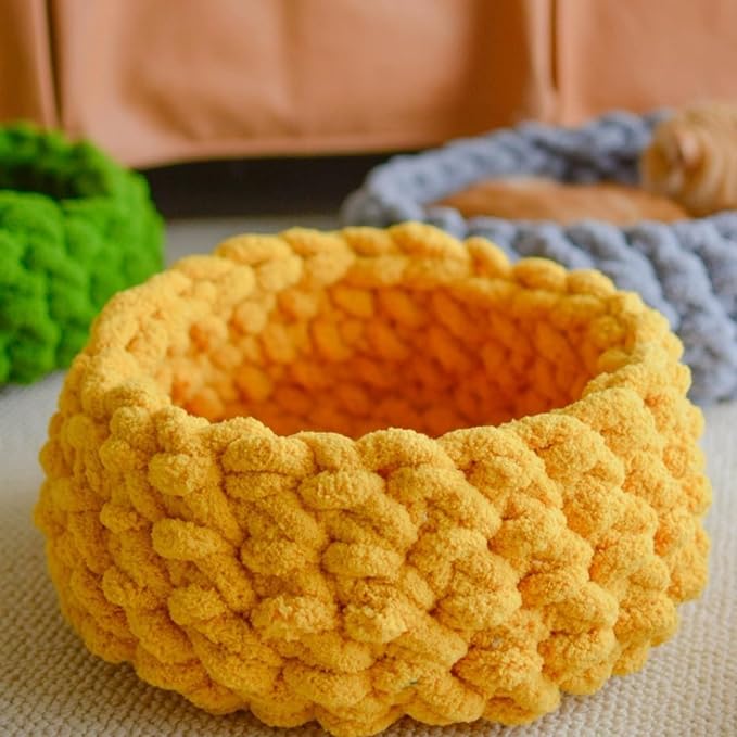 Cat Nest Bed - Premium Self Warming Handwoven Washable Extra Soft Round Cave House for Indoor Kitten & Kitty, Small & Large (Persimmon Yellow,Large)