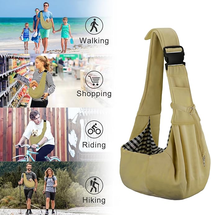 PETLOFT Reversible Dog Cat Sling Carrier, Small Dog Carrier, Adjustable Dog Sling, Hands Free Cross Body Carrier with Collar Hook for Dog/Cat/Bunny up to 11lb(Khaki)