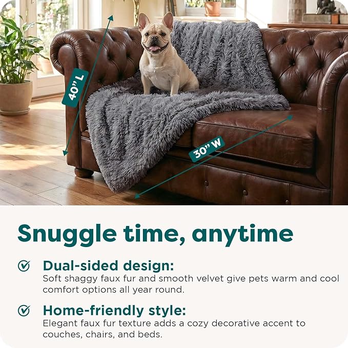 Furhaven Waterproof Throw Blanket for Dogs & Indoor Cats, Washable - Shaggy Plush Calming Long Faux Fur & Velvet Dog Blanket - Gray, Medium