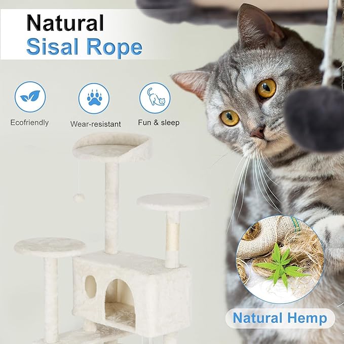 FDW | 81" Cat Tree Tower | Beige | Multi-Level Indoor Activity Center with Sisal Scratching Posts, Condos, Plush Perches, Hanging Cat Toys | Sturdy, Easy to Assemble | for Kittens & Adult Cats