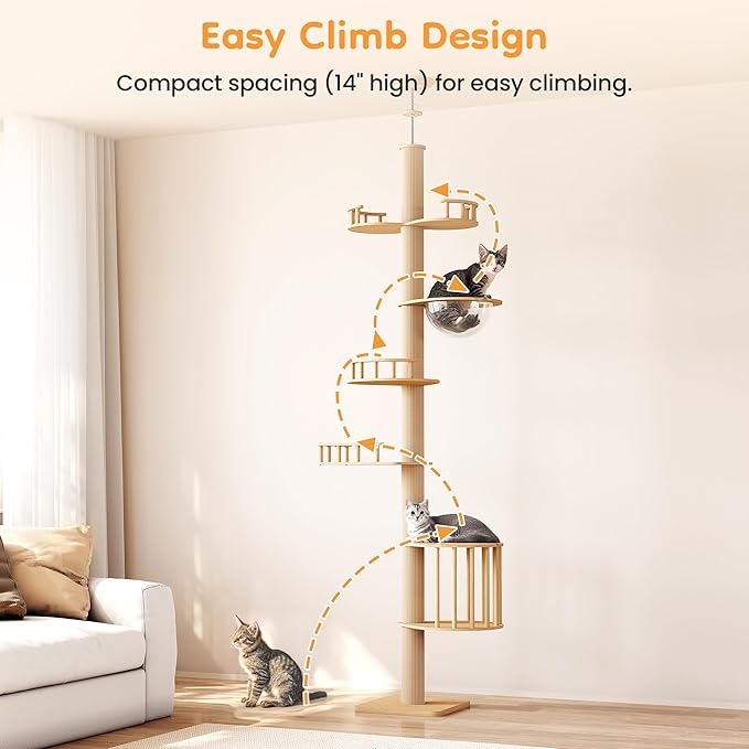 Floor to Ceiling Cat Tree Tower with Adjustable Height(98-106 Inches), Climbing Tower with Thickened Scratching Posts, Cats Activity Center with Cozy Hammock & Capsule