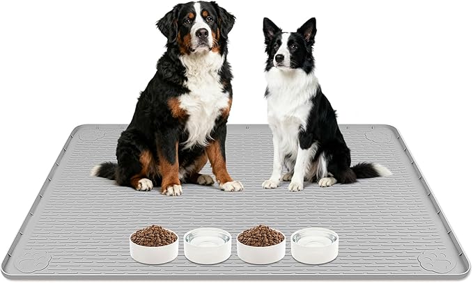 Lanstics Dog Food Mat, 40" x 28" Large Silicone Mat Dog Feeding Mat with Raised Edge Non-Slip Pet Feeding Mat for Food and Water Bowl, Easy to Clean, Floor Protection (Gray)