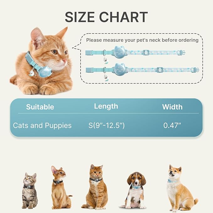Waterproof Airtag Cat Collar, Breakaway Cat Airtag Collar with Luminous & Reflective Fish Pattern, Lightweight Kitten Collars for Apple Air tag, Hidden GPS Tracker Holder for Cats, Kittens(9-13")