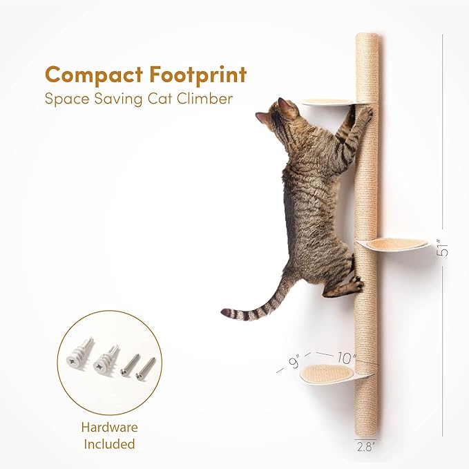 51" Wall-Mounted Cat Tree – Modern Space-Saving Cat Shelf with Sisal Scratching Post & Steel Climbing Steps – Stylish Cat Wall Furniture for Small Spaces