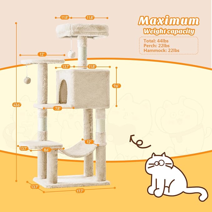 Cat Tree Tower 44 Inch, Small Cat Tower with Condo, Hammock, Sisal Scratching Posts, Extended Perch, Pet Play House for Indoor Kittens and Cats, Beige