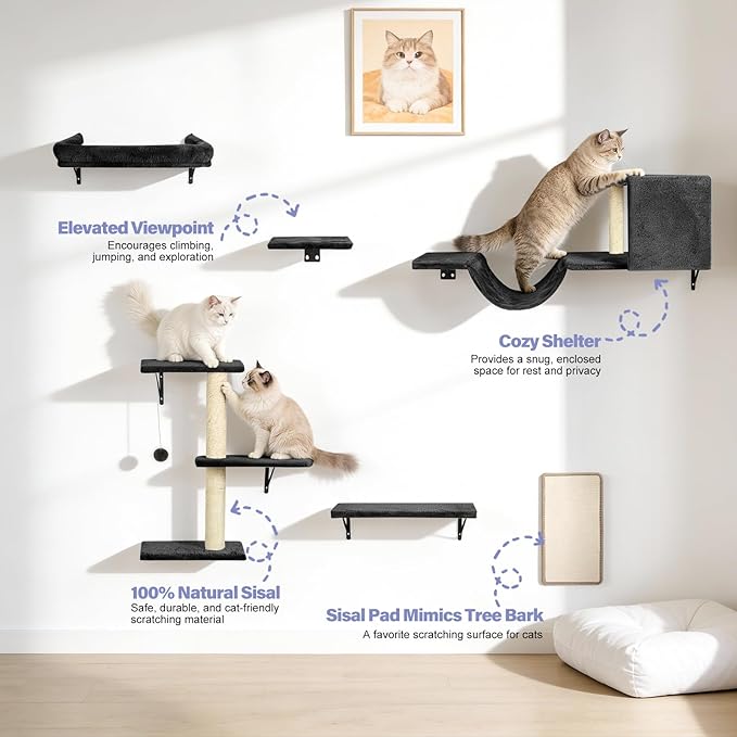 Cat Wall Shelves, Stable & Safe 6 in 1 Cat Furniture Set Black, for Cats to Climb, Hide, Lounge, and Scratch