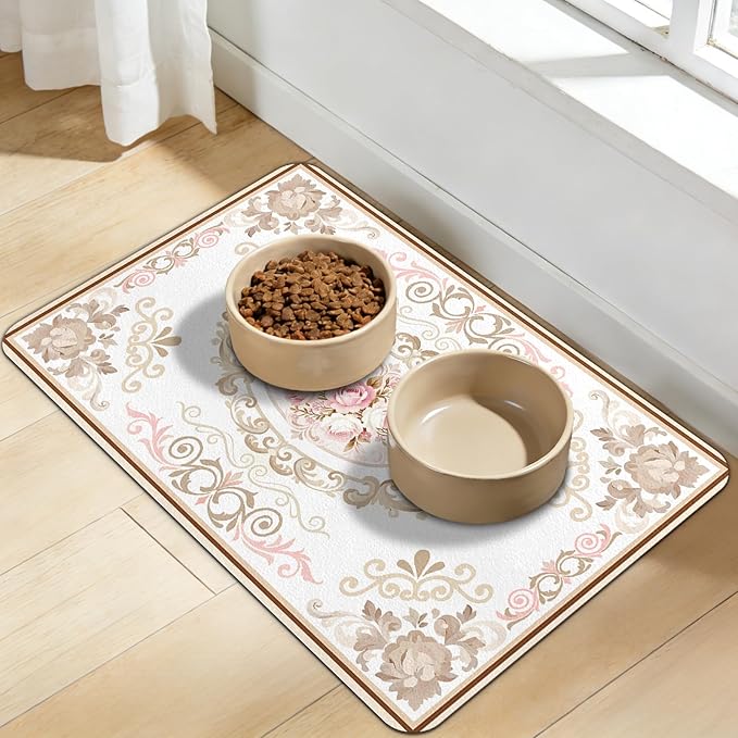 Dog Food Mat for Bowls, Absorbent Quick Dry Dog Cat Mats for Food and Water, Non-Slip Backing Pet Mat Pet Supplies - Floral Pattern
