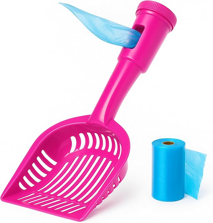 2-in-1 Pooper Scooper with Bag Attachment, Cat Litter Shovel Scoop with Bag, Built-in Dispenser, Includes Trash Roll, Rinse-Clean, Anti-Stick, Smart Sifter, Long Handle (Hot Pink)