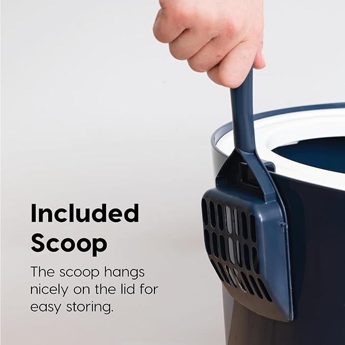 IRIS USA Cat Litter Box, Large Top Entry with Litter Catching Lid and Scoop, Dog Proof, Cat Box Enclosure, Navy/White