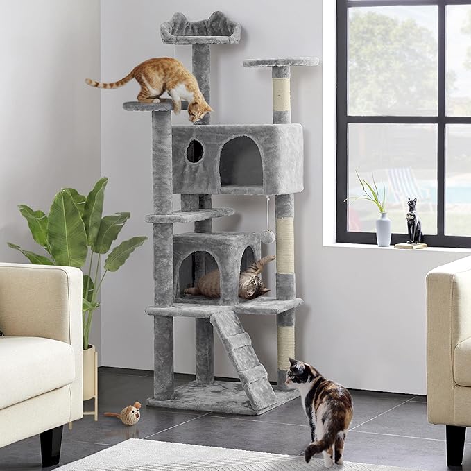Yaheetech 62in Cat Tree Cat Tower for Indoor Kitty, Pet Furniture w/Double Condo, Scratching Posts, Multiple Platforms and Balls for Kittens, Light Gray