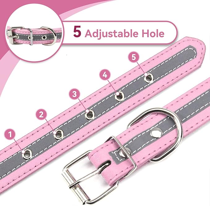 PETCARE Reflective Dog Collar with Cute Paw Rivet Studded Funny Soft PU Leather Adjustable Puppy Dog Collars for Small Medium Large Dogs Cats (Pink,Small)