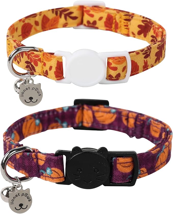 Lionet Paws 2pcs Pack Cotton Cat Collar,Breakaway Buckle with Purple Pumpkin, Red Leave and Brand Pendant Cute Adjustable Cat Kitten Collar,Ideal for Girl Cats Boy Cats