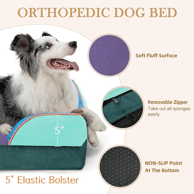Comfort Expression Orthopedic Dog Bed for Extra Large Dogs 42x30 Inch, Waterproof Egg Crate Foam XL Pet Bed with Removable Bolsters, Dog Couch with Washable Cover & Non-Slip Bottom, Violet Tide