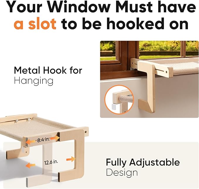 FUKUMARU Cat Window Perch, Transformable Cat Hammock for Windowsill and Floor, Cats Window Bed for Large Cats and Kittens, Reinforced Wood and Metal Frame, Easy to Adjust & Assemble Pet Pech Beds