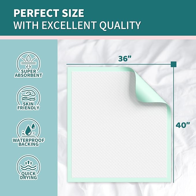 Disposable Bed Pads 40x36 Inch (40 Pack) - Extra Large, Super Absorbent Underpads for Adults & Pets, Waterproof Incontinence Pads, Mattress Protector [100x91CM]