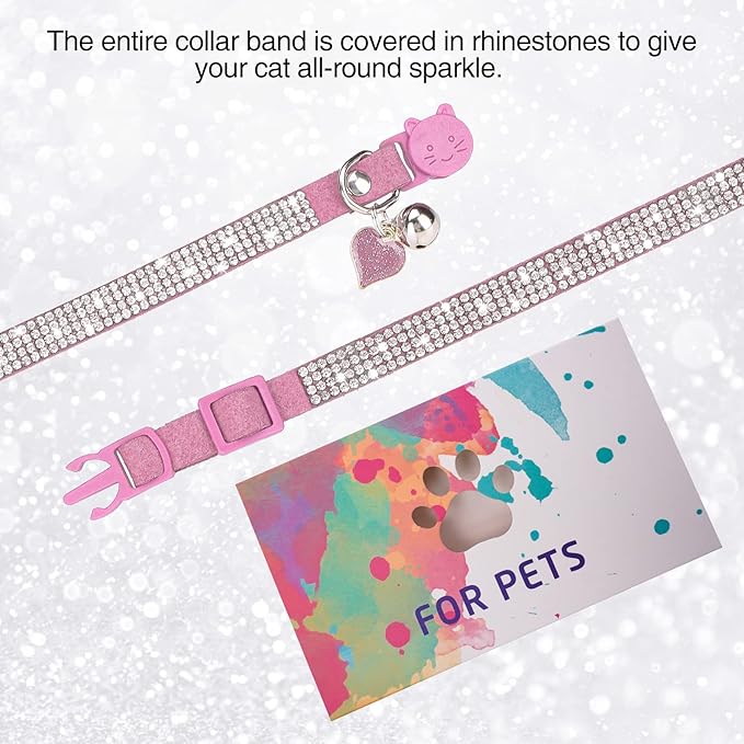 Rhinestone Cat Collar Breakaway with Bell, Diamond Cat Collar with Safety Buckle Quick Release for Girl Boy Kitten Pets Puppy,Cute Soft Female Male Cat Collars,Valentine's Day Pink 8-12"