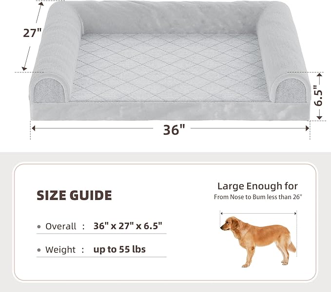 Simple Trending Orthopedic Dog Beds Large Sized, Dog Couch Sofa Bed with Washable Cover, Waterproof Egg-Crate Foam Pet Bed with Sides, Grey