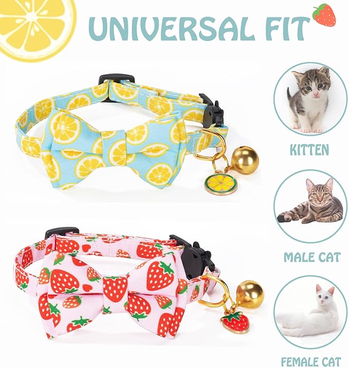 Breakaway Cat Collar with Cute Bow Tie Bell 2Pack Lemon Strawberry Summer Collars for Male Female Soft Cotton Kitty Kitten Collar Cute Cat Collars Ideal for Girl Cats Boy Male Cats