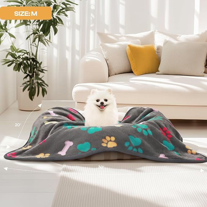 Luciphia 1 Pack 3 Blankets Fluffy Premium Fleece Pet Blanket Flannel Paw Printed Throw for Dog Cat(Medium 30x20'', Grey/Brown/Blue)