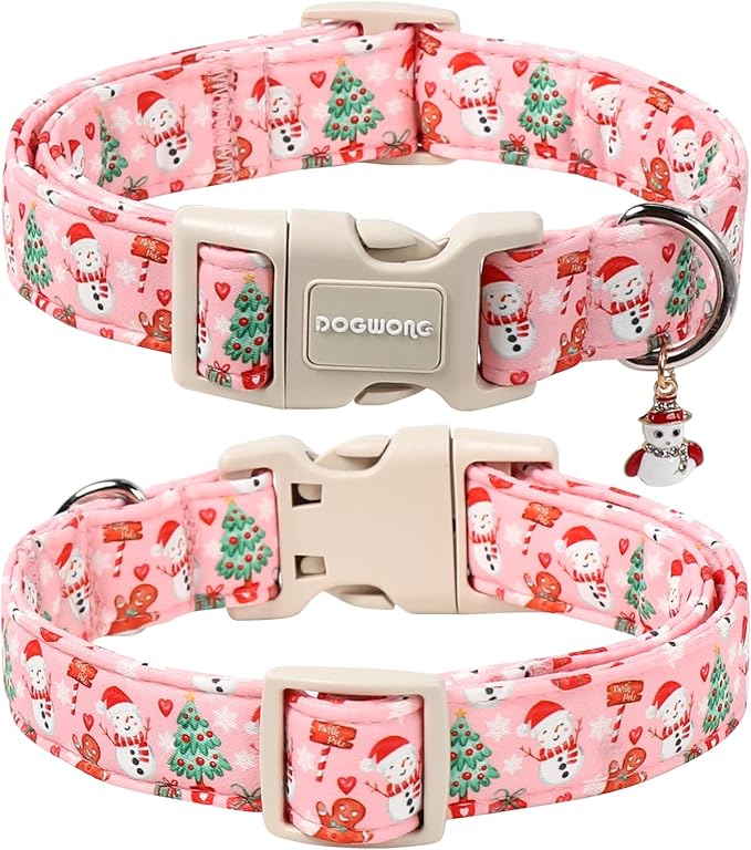 DOGWONG Christmas Dog Collar-Cute Pink Snowman Dog Collars, Adjustable Christmas Pet Collars Puppy Collar with Quick Release Buckle for Girl&Boy Dogs