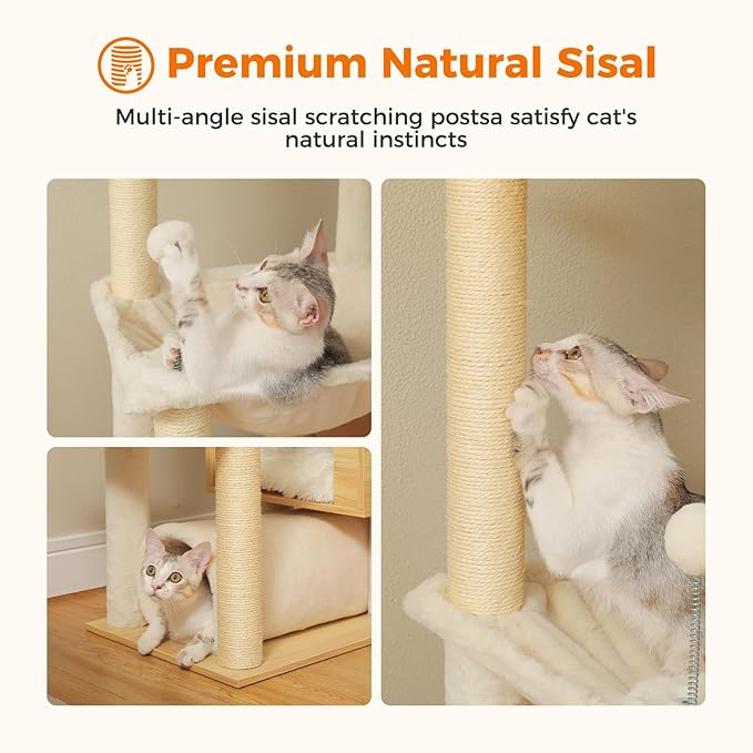 PETEPELA Floor to Ceiling Cat Tree,93.3''-100.8'' Height Adjustable Wooden Cat Tower, Tall Modern Climbing Tree with Large Hammock, Soft Perch and Scratching Post for Indoor Cats Large Adult, Beige